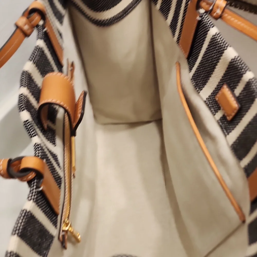 Tory Burch Striped Ella Tan and Black Tote Bag - Picture 7 of 11